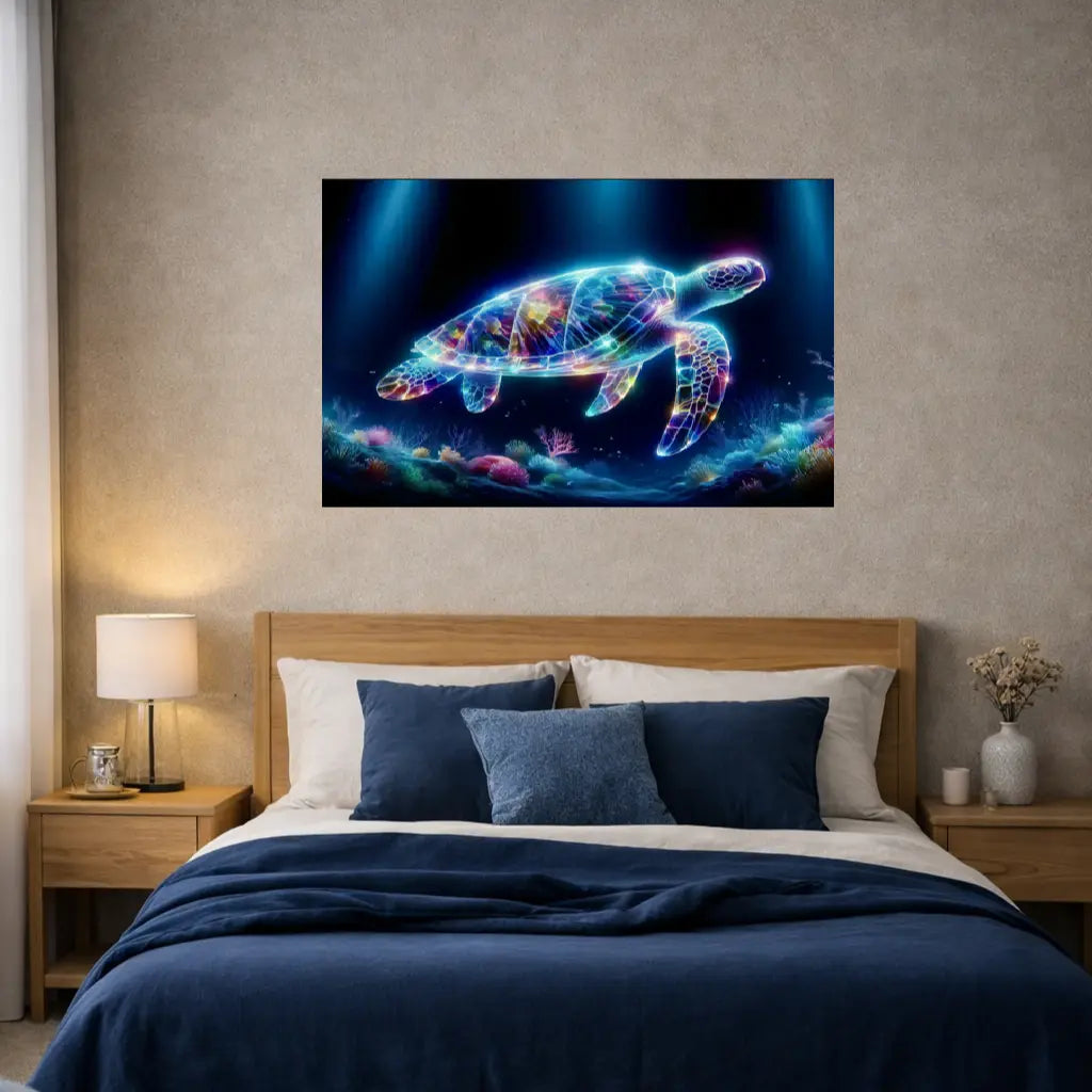 Poster tortue marine bioluminescente carapace lumineuse art symbolique fond océan bleu. Art symbolique contemporain SEVEIA.