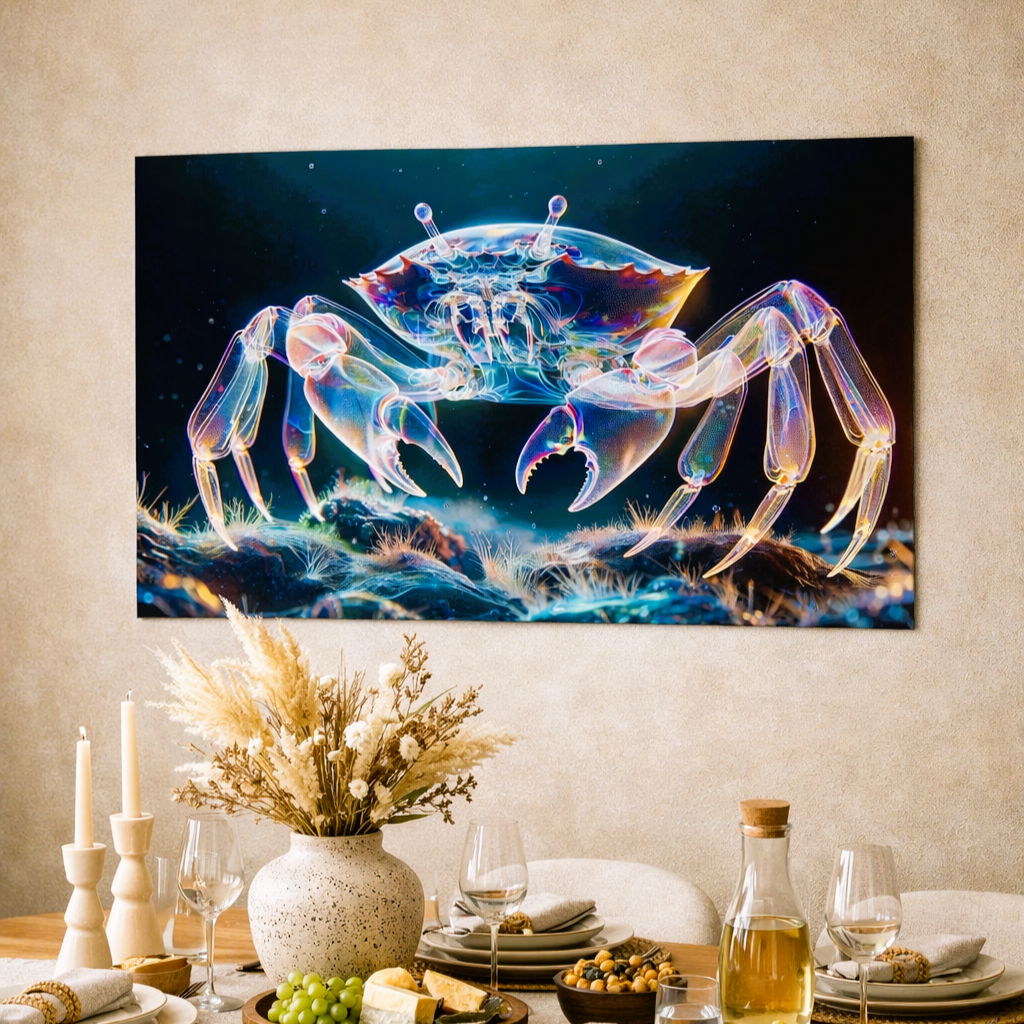 Poster crabe bioluminescent carapace lumineuse art symbolique fond marin nocturne. Art symbolique contemporain - SEVEIA