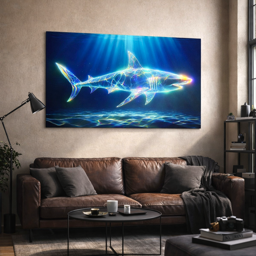 Poster requin bioluminescent art symbolique lignes lumineuses bleues fond océan profond. Art symbolique contemporain - SEVEIA