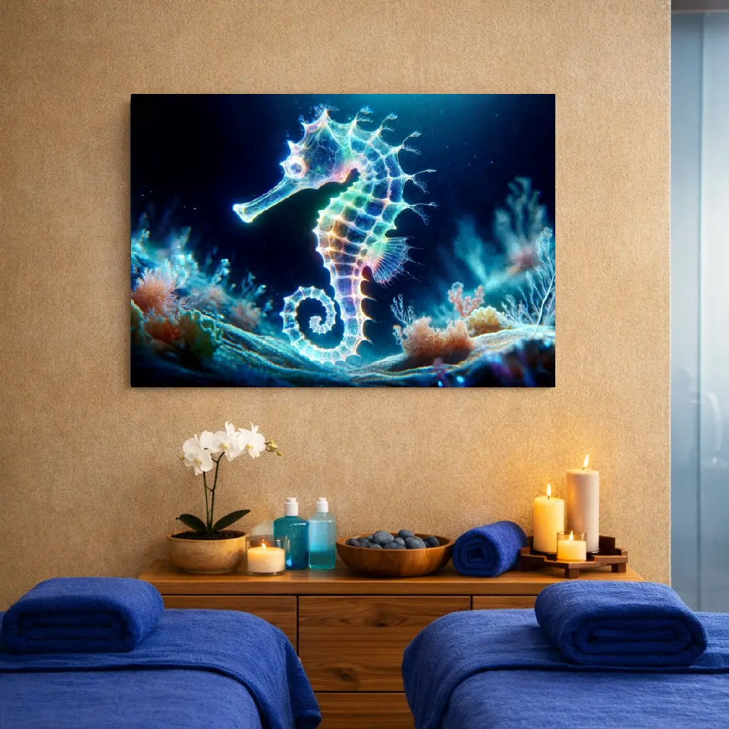 Poster hippocampe bioluminescent courbes lumineuses art symbolique fond corail marin. Art symbolique contemporain SEVEIA.