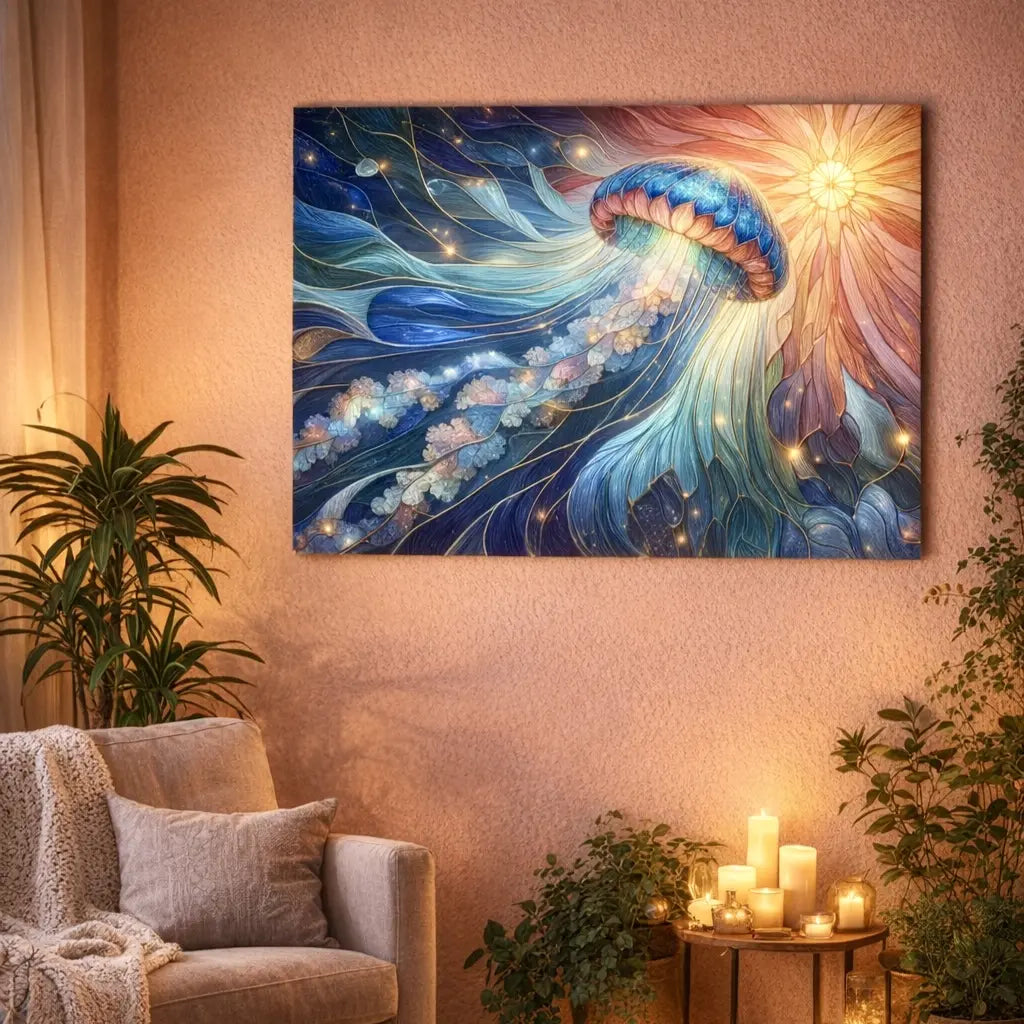 Poster premium vitrail d'une méduse bleue et rose corail, ambiance océanique lumineuse. Art symbolique contemporain - SEVEIA.