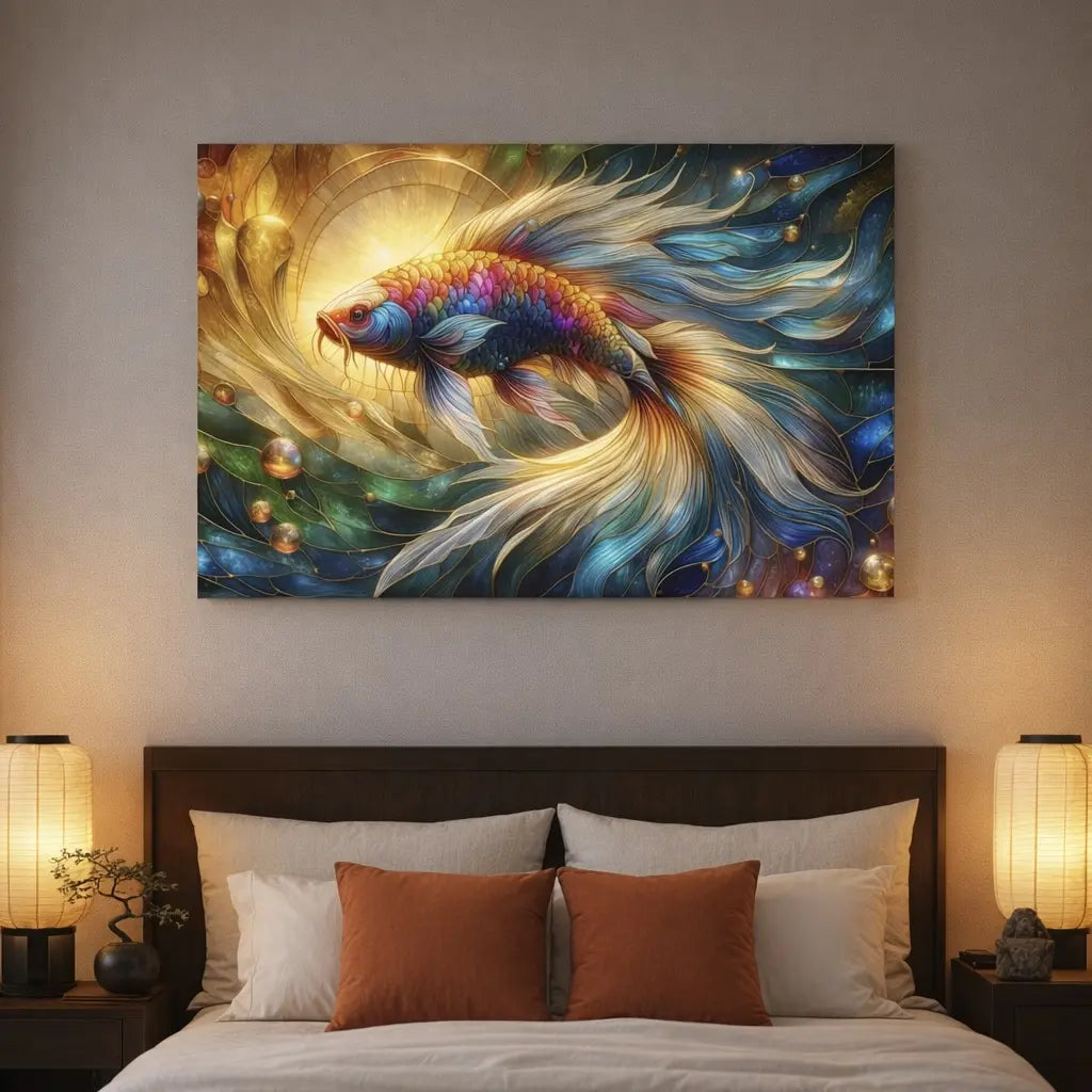 Poster premium vitrail poisson koï central avec halo mandala, couleurs iridescentes et contours dorés. Art symbolique contemporain - SEVEIA.