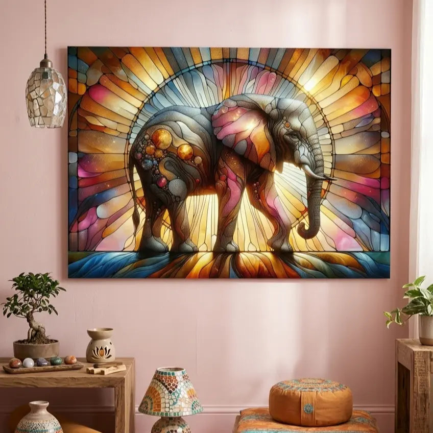 Affiche premium d'un éléphant coloré effet vitrail symbole de force et de calme, art symbolique contemporain par SEVEIA.