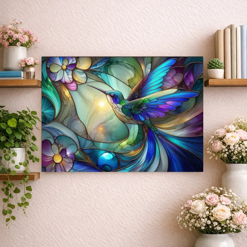 Poster premium vitrail colibri en vol, plumes turquoise et émeraude, fleurs pastel et sertissage doré. Art symbolique contemporain - SEVEIA.