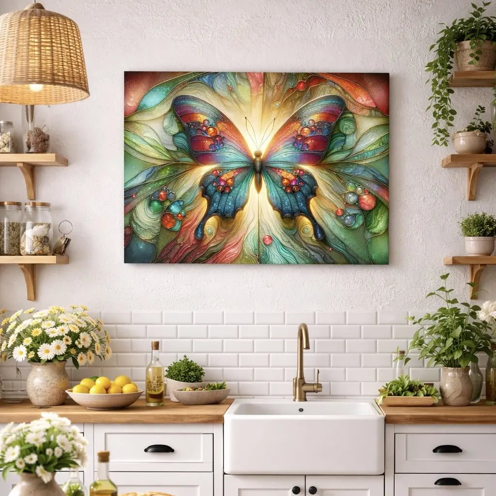 Poster vitrail papillon multicolore avec halo doré, symbole de métamorphose, art symbolique contemporain - SEVEIA.