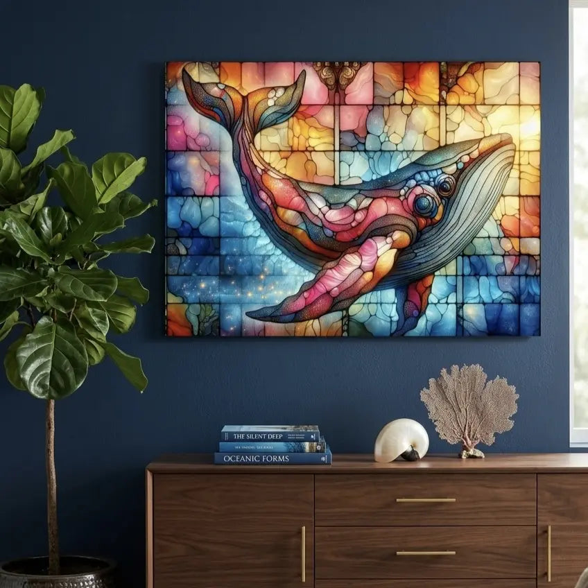 Poster vitrail baleine en bleu saphir et turquoise, ambiance océanique et apaisante, art symbolique contemporain - SEVEIA.