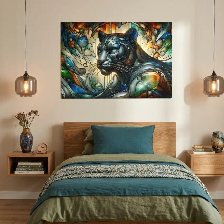 Affiche premium d'une panthère colorée effet vitrail symbole d'instinct, art symbolique contemporain par SEVEIA.