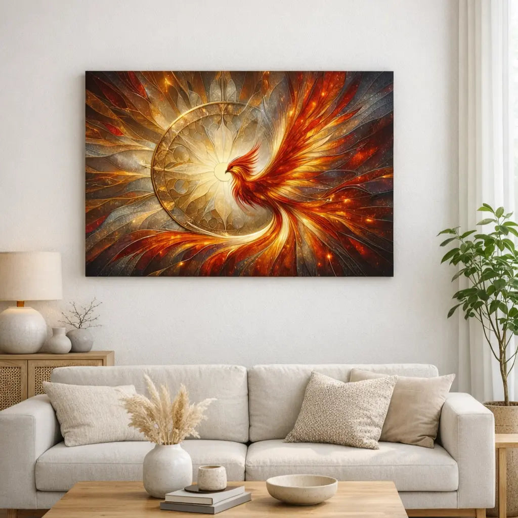 Poster premium vitrail phénix rouge et or, explosion lumineuse centrale, symbole de renaissance. Art symbolique contemporain - SEVEIA.