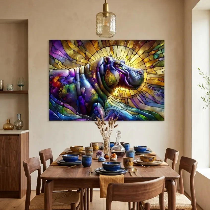 Affiche premium d'un rhinocéros coloré effet vitrail symbole de puissance, art symbolique contemporain par SEVEIA.