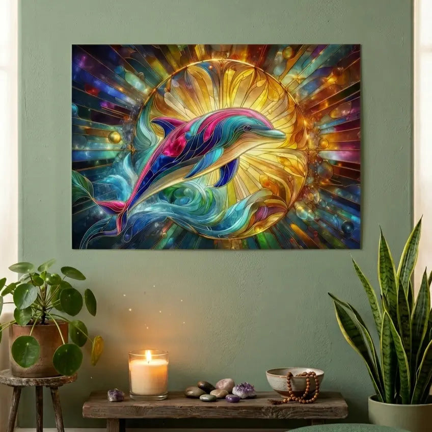 Poster premium vitrail dauphin avec halo solaire, segments turquoise et rose, sertissage doré. Art symbolique contemporain - SEVEIA.