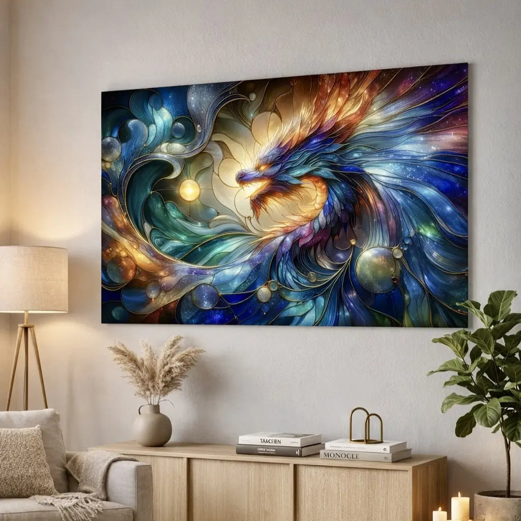 Poster premium vitrail dragon bleu et or, ailes en spirale, symbole de force et puissance. Art symbolique contemporain - SEVEIA.
