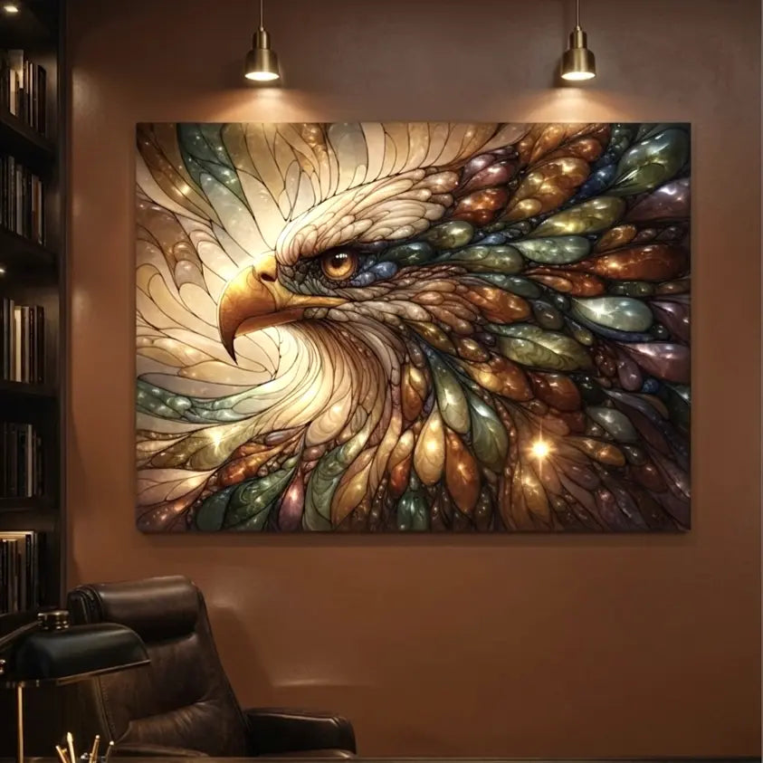 Poster premium vitrail tête d’aigle dans les teintes marrons avec halo doré, style totem symbolique, art contemporain SEVEIA.