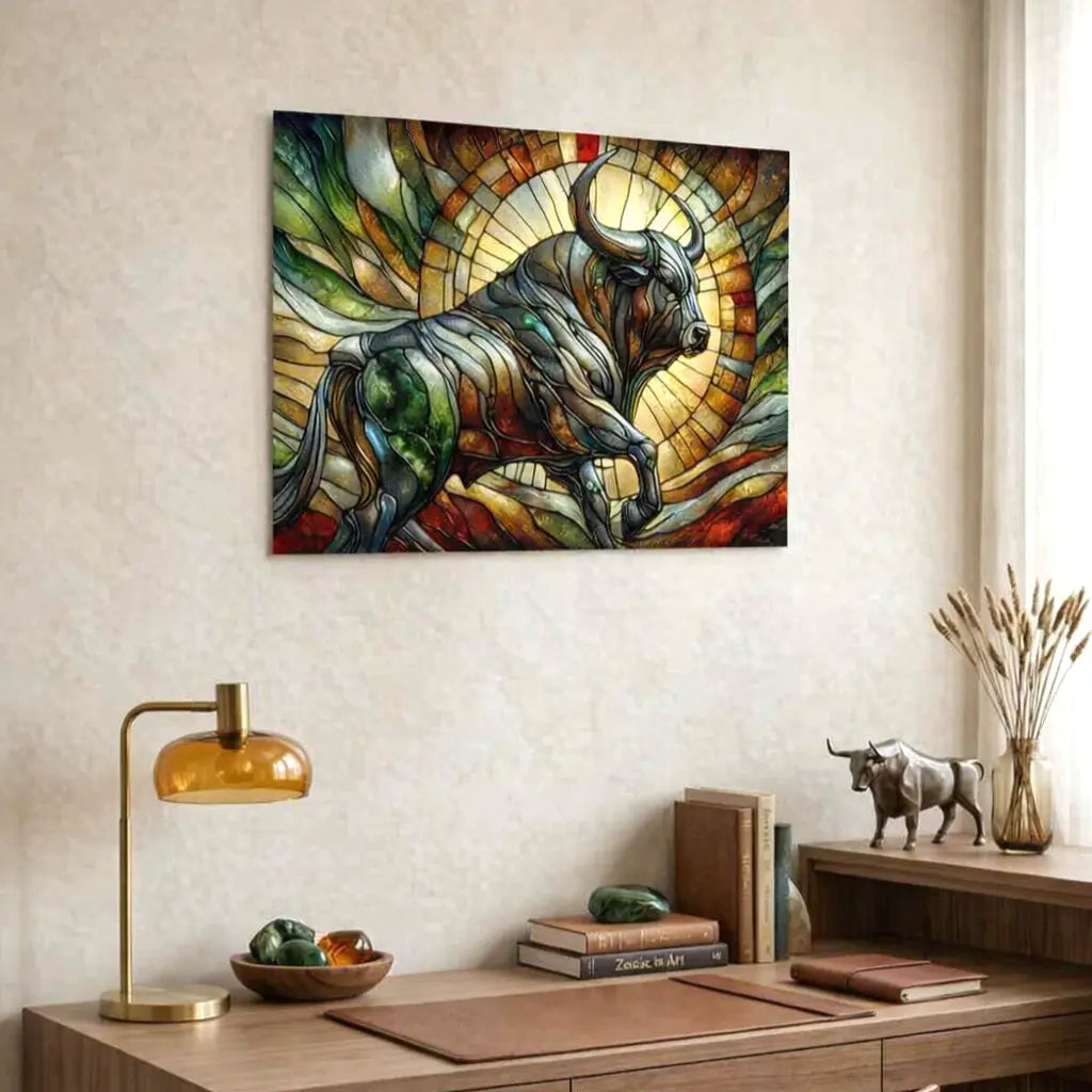 Affiche premium d'un taureau coloré effet vitrail symbole de volonté et de force, art symbolique contemporain par SEVEIA.