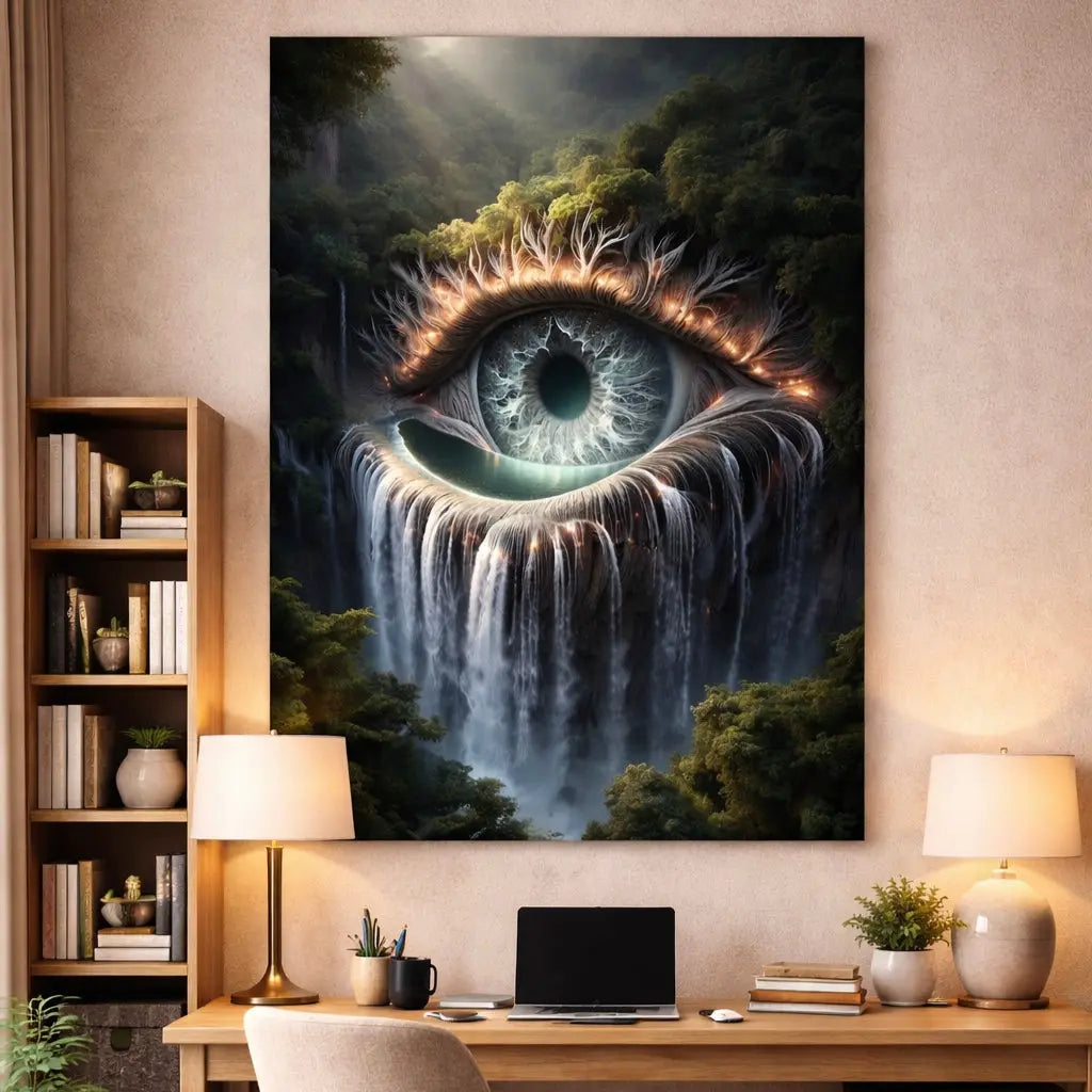 poster premium d'art contemporain représentant un oeil dans la forêt dont les larmes sont une cascade, œuvre symbolique aux tons naturels et organiques – SEVEIA